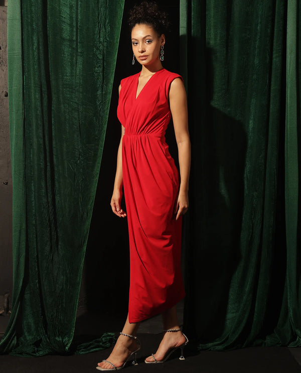 Rareism Women Aksaray Maroon Sleeveless Wrap Neck Fitted Maxi Plain Dress