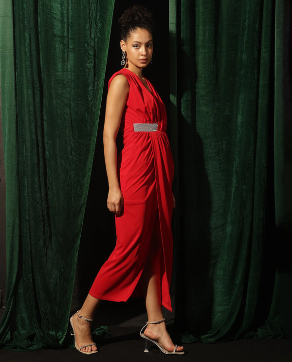 Rareism Women Aksaray Maroon Sleeveless Wrap Neck Fitted Maxi Plain Dress