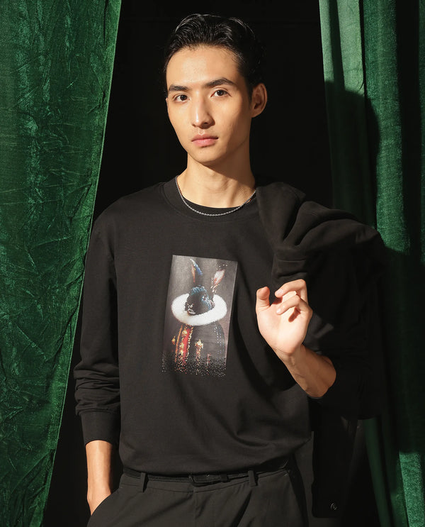 Rare Rabbit Men Rib Black Cotton Full Sleeve Crew Neck Discharge Animal Print Sweatshirt