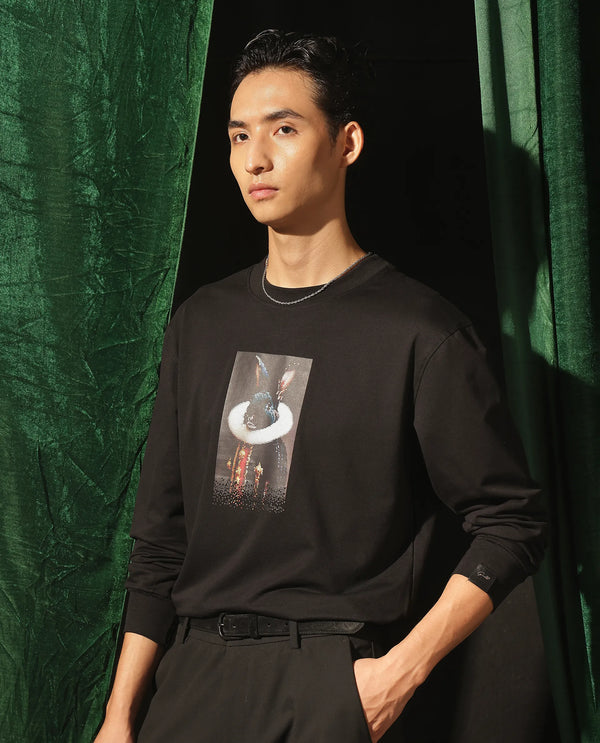 Rare Rabbit Men Rib Black Cotton Full Sleeve Crew Neck Discharge Animal Print Sweatshirt