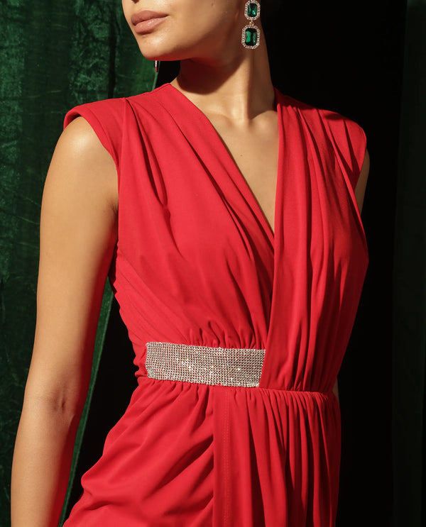 Rareism Women Aksaray Maroon Sleeveless Wrap Neck Fitted Maxi Plain Dress