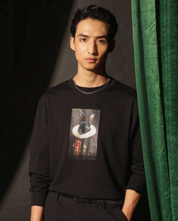 Rare Rabbit Men Rib Black Cotton Full Sleeve Crew Neck Discharge Animal Print Sweatshirt