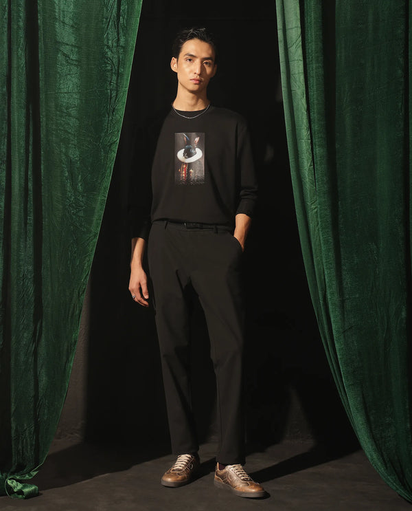 Rare Rabbit Men Rib Black Cotton Full Sleeve Crew Neck Discharge Animal Print Sweatshirt
