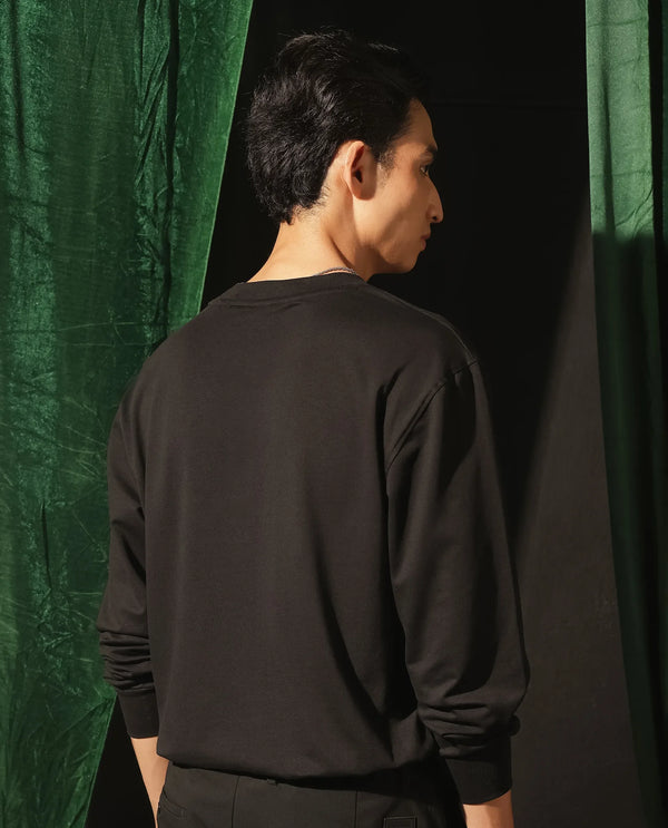 Rare Rabbit Men Rib Black Cotton Full Sleeve Crew Neck Discharge Animal Print Sweatshirt
