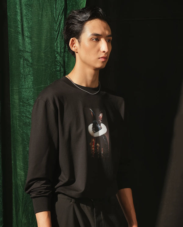 Rare Rabbit Men Rib Black Cotton Full Sleeve Crew Neck Discharge Animal Print Sweatshirt