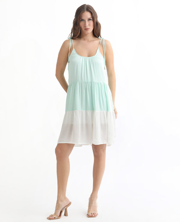 Rareism Women Aldo Light Green U Neck Sleeveless With Tie-Up Straps Mini Dress