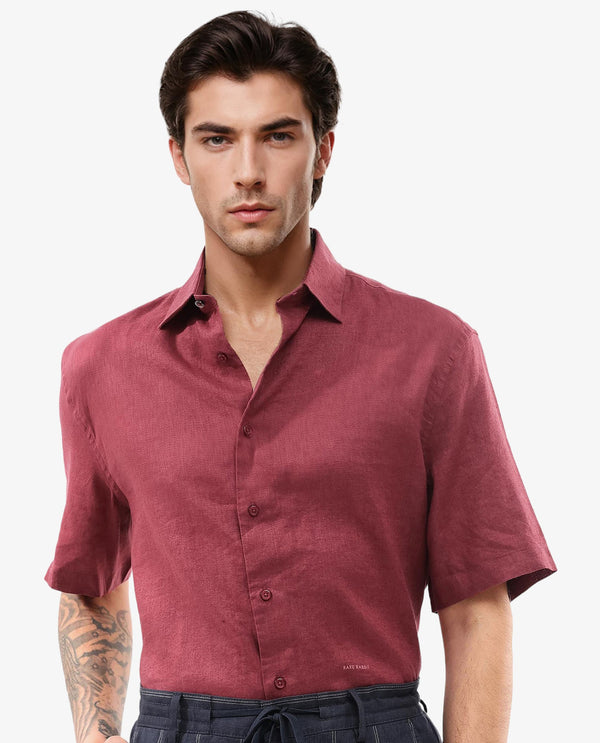 Rare Rabbit Men's Linex-1 SS Red Linen Excel Fabric Half Sleeves Boxy Fit Solid Shirt