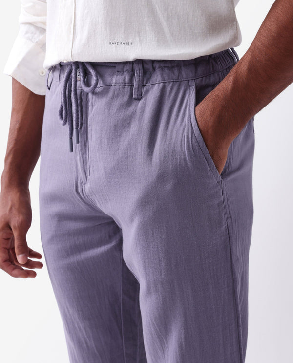 Rare Rabbit Men's Pastor Light Purple Solid Mid-Rise With Drawstring And Elastic Waistband Regular Fit Trouser