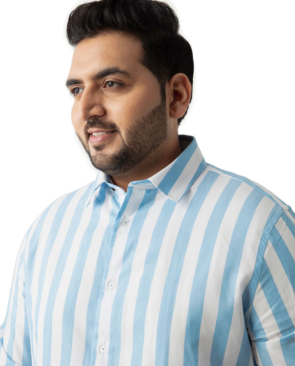 Rare Rabbit Men's Leeds Blue Cotton Fabric Full Sleeves Striped Shirt Plus Size