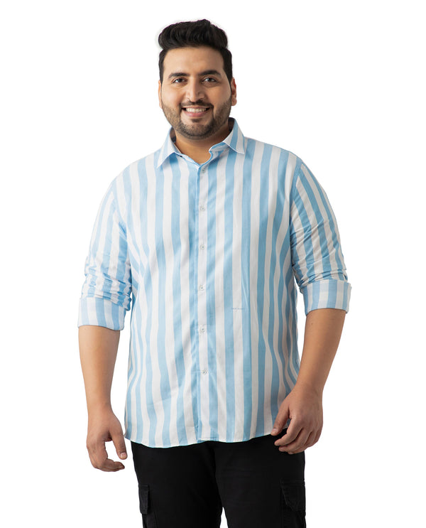 Rare Rabbit Men's Leeds Blue Cotton Fabric Full Sleeves Striped Shirt Plus Size