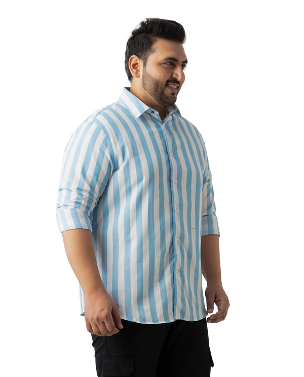 Rare Rabbit Men's Leeds Blue Cotton Fabric Full Sleeves Striped Shirt Plus Size