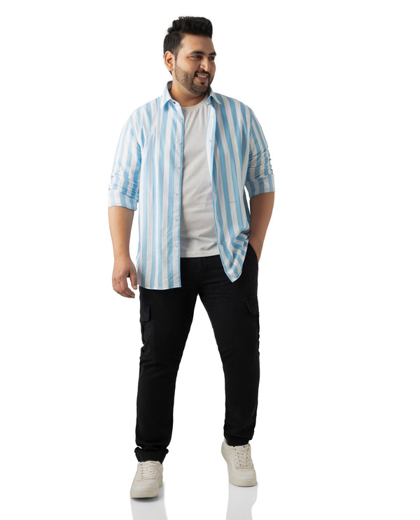 Rare Rabbit Men's Leeds Blue Cotton Fabric Full Sleeves Striped Shirt Plus Size