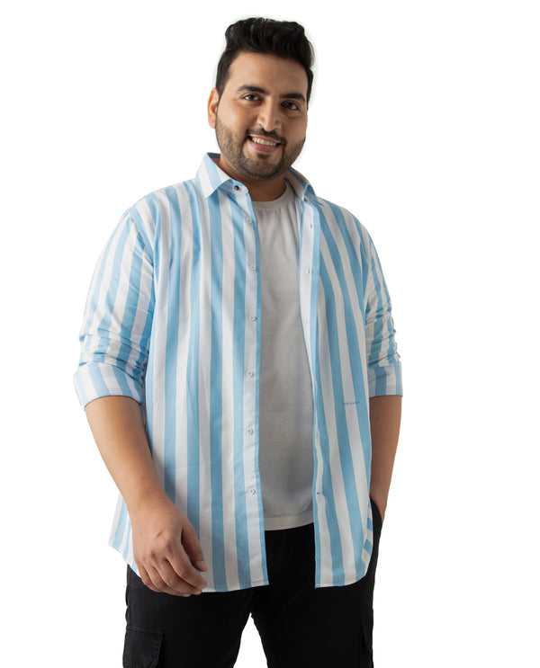 Rare Rabbit Men's Leeds Blue Cotton Fabric Full Sleeves Striped Shirt Plus Size