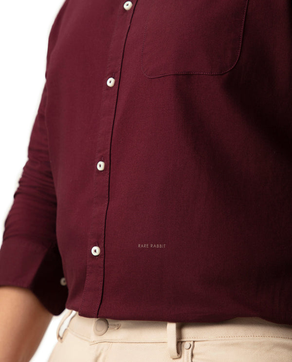 Rare Rabbit Men's Auxfo Maroon Cotton Fabric Full Sleeves Solid Shirt Plus Size