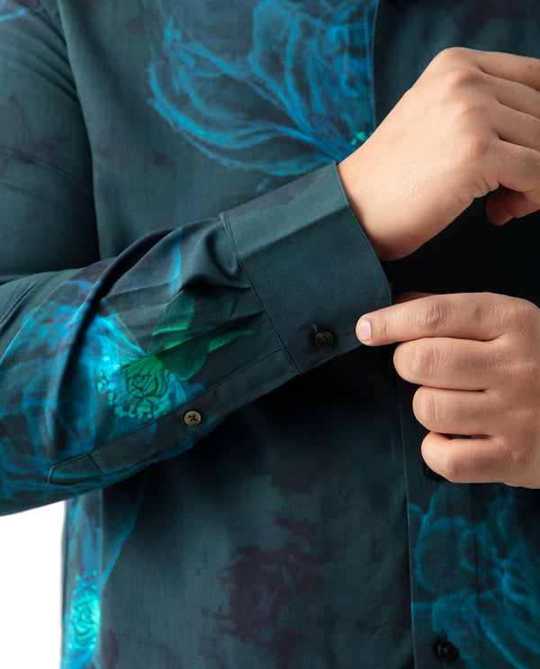Rare Rabbit Mens Alwick Dark Green Viscose Fabric Full Sleeves Plus Size Fit Floral Print Shirt