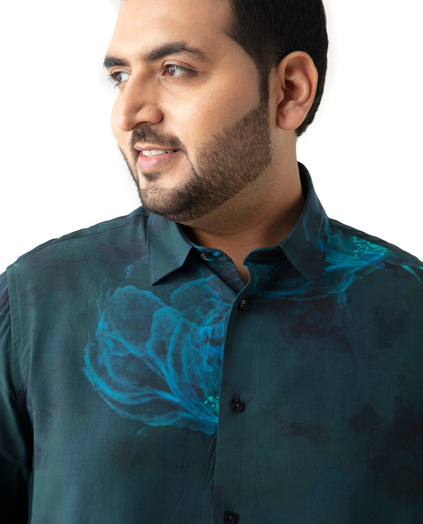Rare Rabbit Mens Alwick Dark Green Viscose Fabric Full Sleeves Plus Size Fit Floral Print Shirt