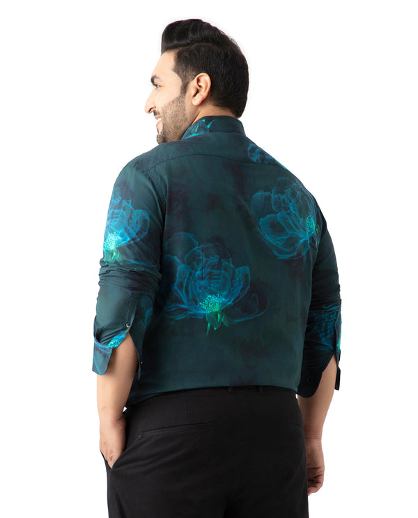 Rare Rabbit Mens Alwick Dark Green Viscose Fabric Full Sleeves Plus Size Fit Floral Print Shirt