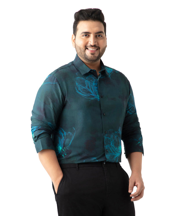 Rare Rabbit Mens Alwick Dark Green Viscose Fabric Full Sleeves Plus Size Fit Floral Print Shirt