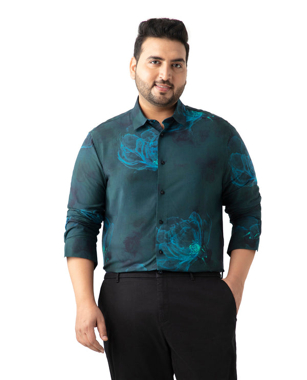 Rare Rabbit Mens Alwick Dark Green Viscose Fabric Full Sleeves Plus Size Fit Floral Print Shirt
