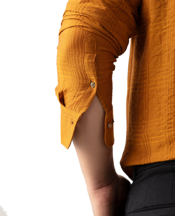 Rare Rabbit Men's Vagen Mustard Viscose Nylon Fabric Full Sleeves Checks Shirt Plus Size