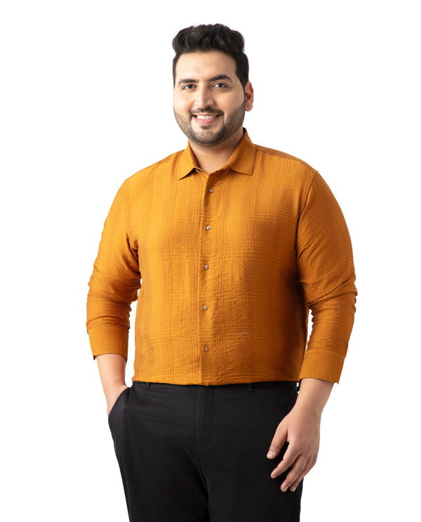 Rare Rabbit Men's Vagen Mustard Viscose Nylon Fabric Full Sleeves Checks Shirt Plus Size