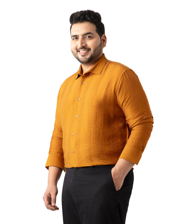 Rare Rabbit Men's Vagen Mustard Viscose Nylon Fabric Full Sleeves Checks Shirt Plus Size