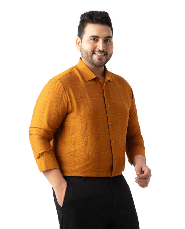 Rare Rabbit Men's Vagen Mustard Viscose Nylon Fabric Full Sleeves Checks Shirt Plus Size