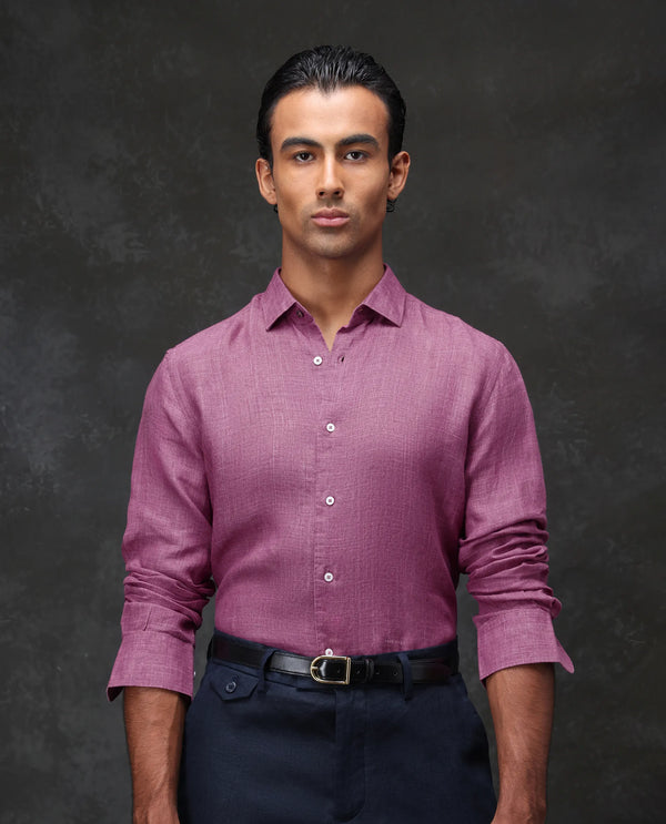 Rare Rabbit Men's Borium Dark Pink Linen Fabric Full Sleeves Solid Shirt