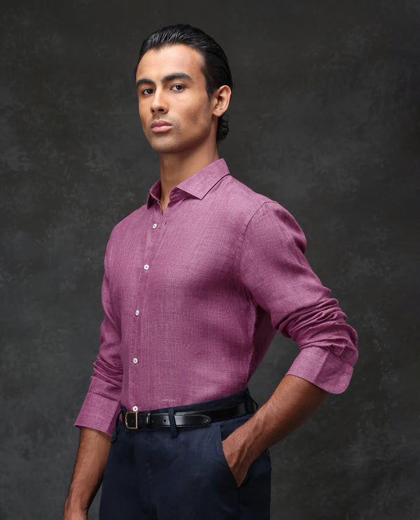 Rare Rabbit Men's Borium Dark Pink Linen Fabric Full Sleeves Solid Shirt
