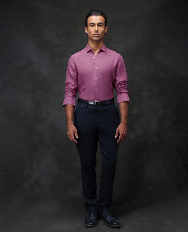 Rare Rabbit Men's Borium Dark Pink Linen Fabric Full Sleeves Solid Shirt
