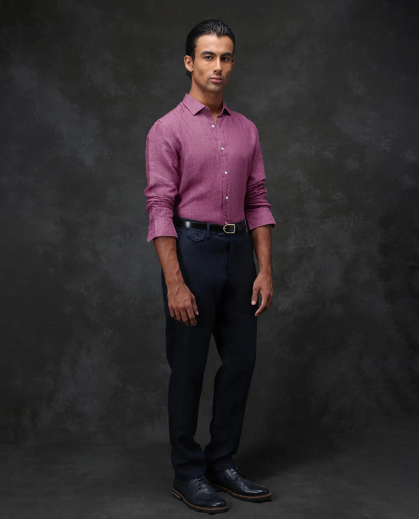 Rare Rabbit Men's Borium Dark Pink Linen Fabric Full Sleeves Solid Shirt