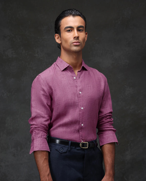 Rare Rabbit Men's Borium Dark Pink Linen Fabric Full Sleeves Solid Shirt