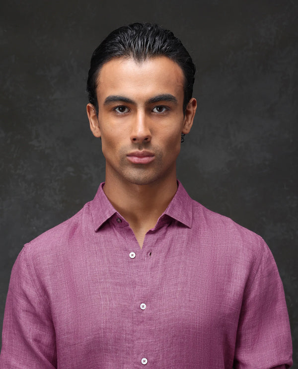 Rare Rabbit Men's Borium Dark Pink Linen Fabric Full Sleeves Solid Shirt