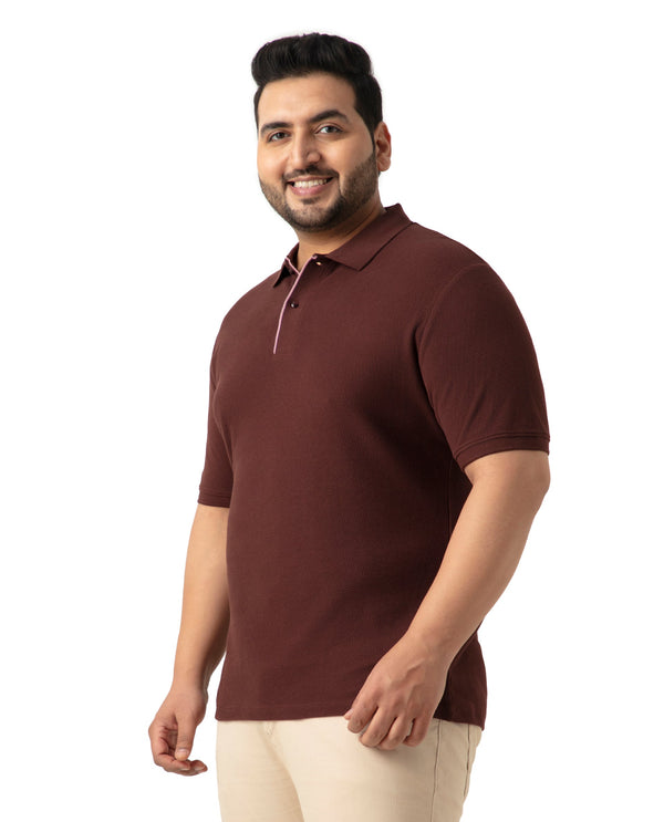 Rare Rabbit Men's Turino Brown Cotton Fabric Collared Neck Half Sleeves Textured Polo T-Shirt Plus Size
