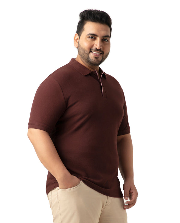 Rare Rabbit Men's Turino Brown Cotton Fabric Collared Neck Half Sleeves Textured Polo T-Shirt Plus Size