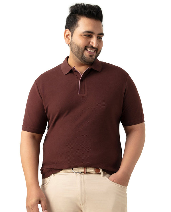 Rare Rabbit Men's Turino Brown Cotton Fabric Collared Neck Half Sleeves Textured Polo T-Shirt Plus Size