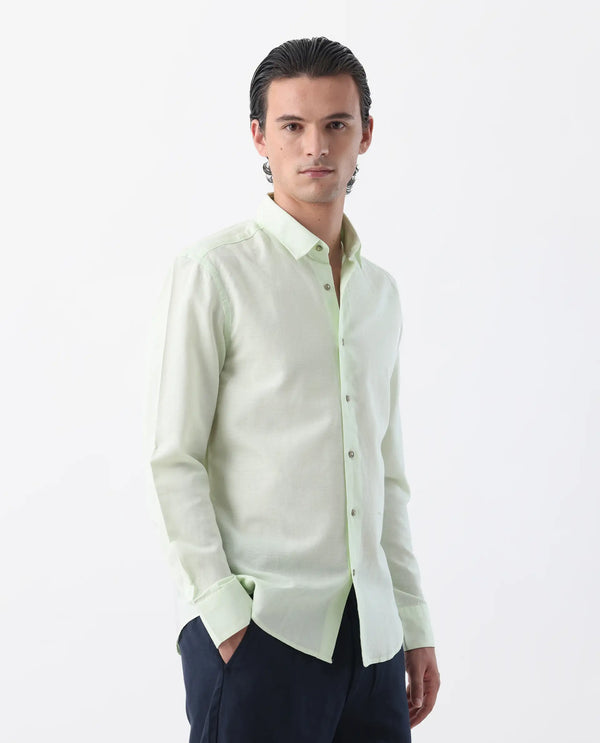 Rare Rabbit Men's Linux Pastel Green Cotton Linen Fabric Full Sleeves Regular Fit Solid Shirt