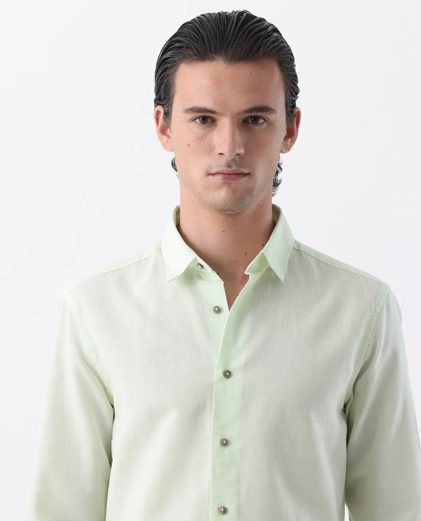 Rare Rabbit Men's Linux Pastel Green Cotton Linen Fabric Full Sleeves Regular Fit Solid Shirt