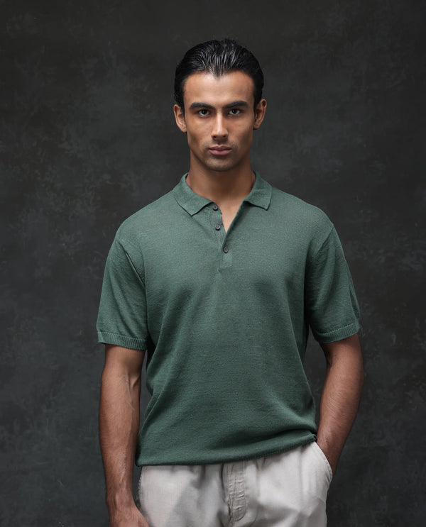 Rare Rabbit Men's Mekko Dusky Green Half Sleeves Solid Polo T-Shirt