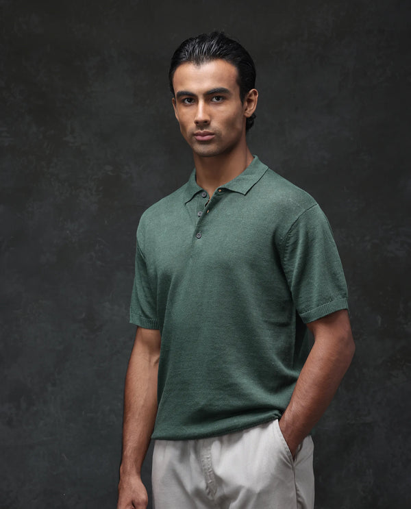 Rare Rabbit Men's Mekko Dusky Green Half Sleeves Solid Polo T-Shirt