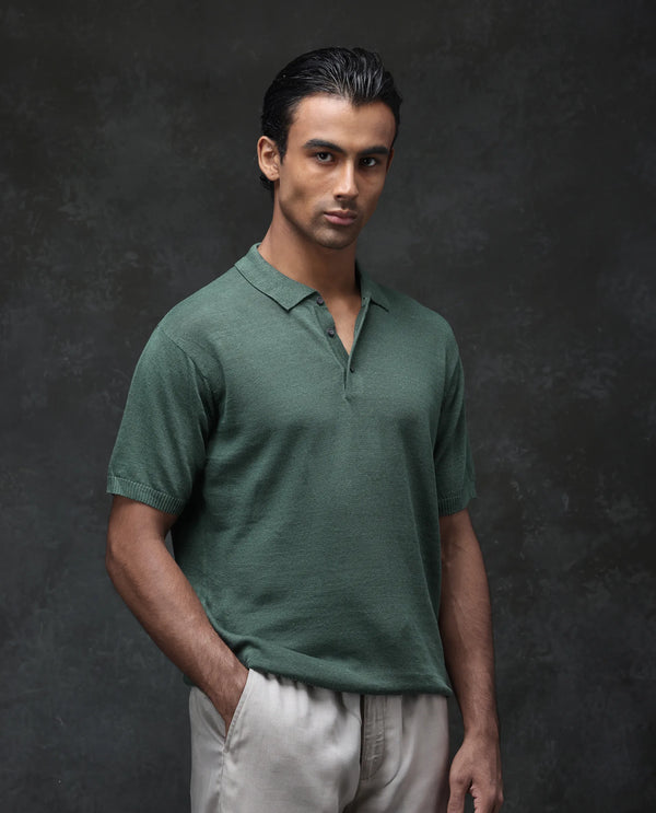 Rare Rabbit Men's Mekko Dusky Green Half Sleeves Solid Polo T-Shirt