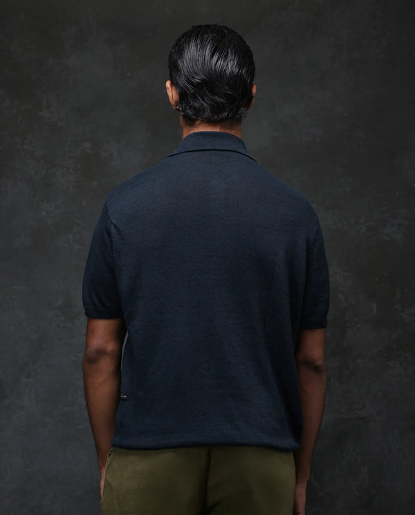 Rare Rabbit Men's Mekko Navy Cotton Linen Short Sleeve Plain Polo