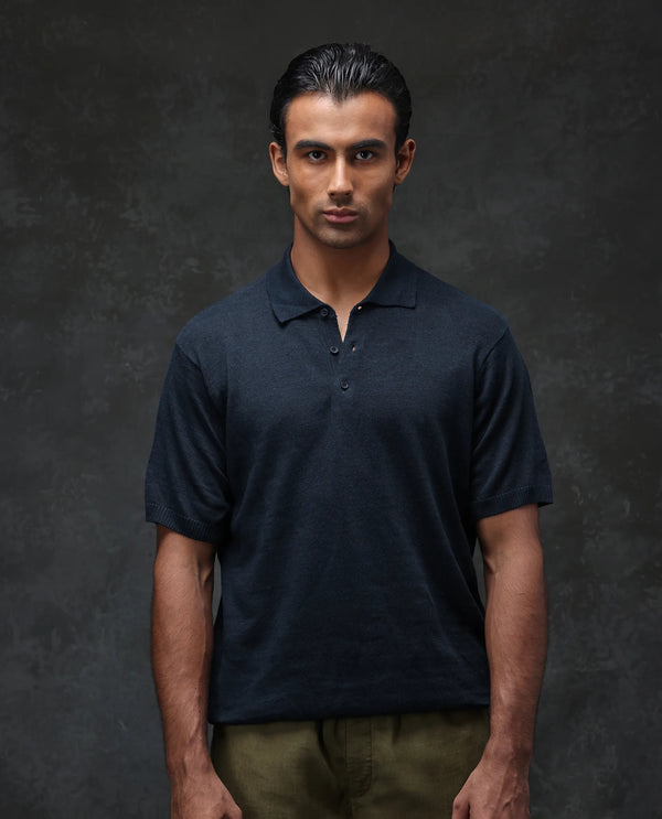 Rare Rabbit Men's Mekko Navy Cotton Linen Short Sleeve Plain Polo