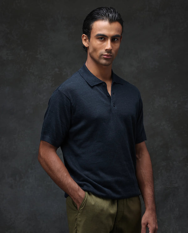Rare Rabbit Men's Mekko Navy Cotton Linen Short Sleeve Plain Polo