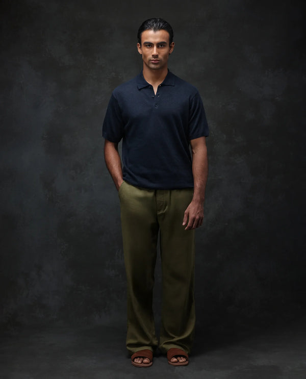Rare Rabbit Men's Mekko Navy Cotton Linen Short Sleeve Plain Polo