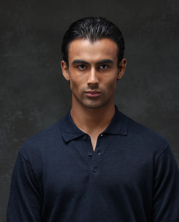 Rare Rabbit Men's Mekko Navy Cotton Linen Short Sleeve Plain Polo