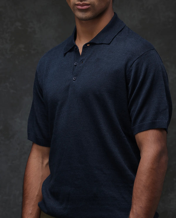 Rare Rabbit Men's Mekko Navy Cotton Linen Short Sleeve Plain Polo