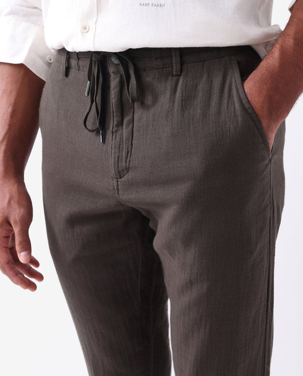 Rare Rabbit Men's Pastor-2 Brown Solid Mid-Rise With Drawstring And Elastic Waistband Regular Fit Trousers