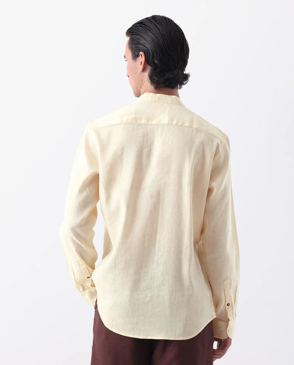 Rare Rabbit Men's Cinex Pastel Yellow Full Sleeve Mandarin Collar Solid Linen Shirt