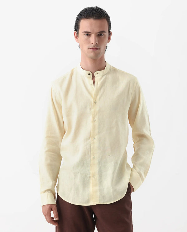 Rare Rabbit Men's Cinex Pastel Yellow Full Sleeve Mandarin Collar Solid Linen Shirt